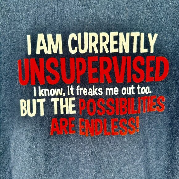 I Am Currently Unsupervised T-Shirt XL Blue w Red White Lettering Gildan - Picture 2 of 6